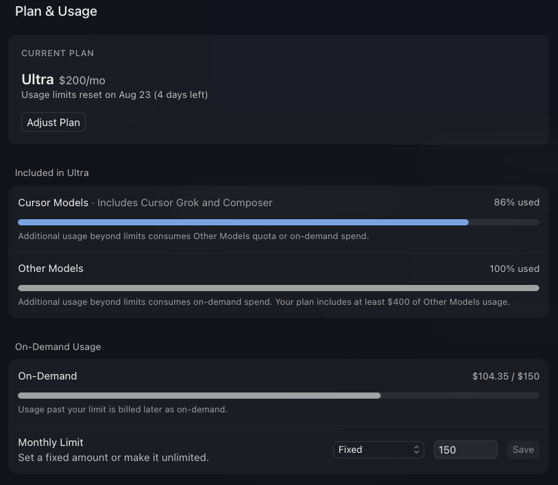 Cursor Ultra usage dashboard showing the separate Cursor Models and Other Models pools